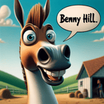 A horse saying 'Benny Hill'.